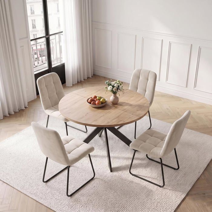 JIEXI Ensemble de table ronde en chêne de 110 cm comprenant 4 chaises beiges
