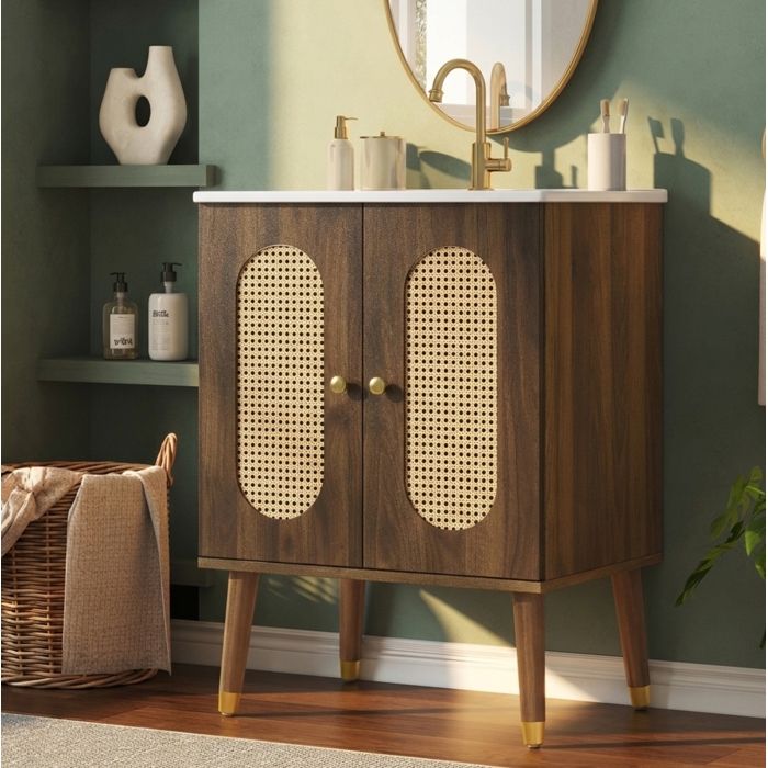 Meuble sous vasque 61 cm avec vasque céramique et portes en rotin - LPOSPI - étagères fixes MDF effet noyer marron