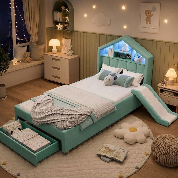 Norevia Lit enfant 90x200 cm bleu-vert lit cabane rembourré avec toboggan LED prise USB étagères et coffre