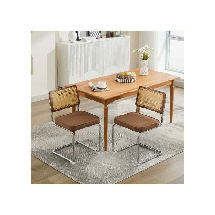 Lot de 2 chaises café revêtement lin dossier rotin base chrome style vintage structure robuste pour salle à manger