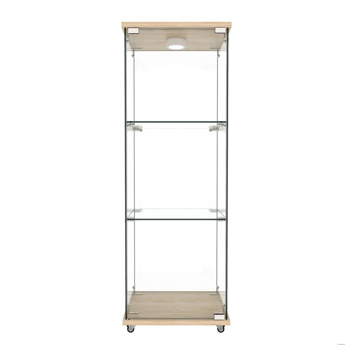 Vitrine en verre trempé avec éclairage LED 1 porte 3 niveaux aspect bois naturel