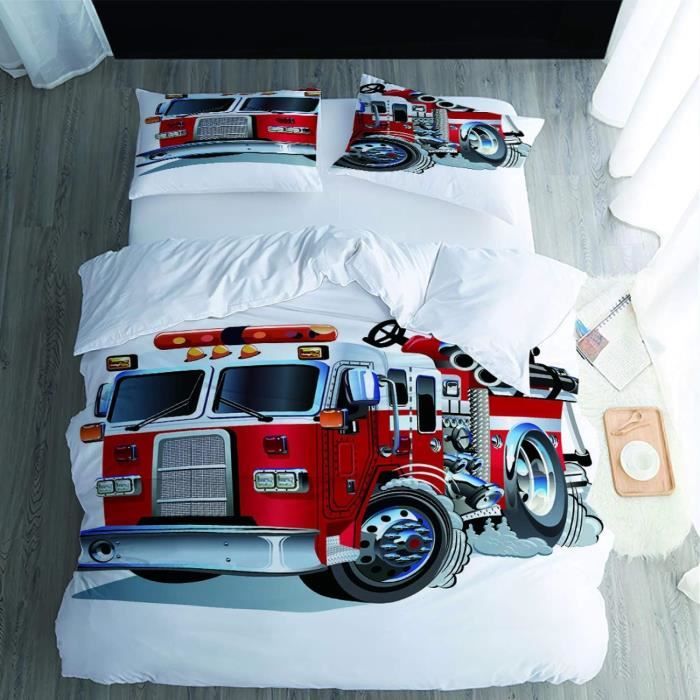 Housse De Couette Enfant 90x190 Cm – Motif Camion De Pompiers, Avion, Police – Microfibre Douce, 2 Pièces