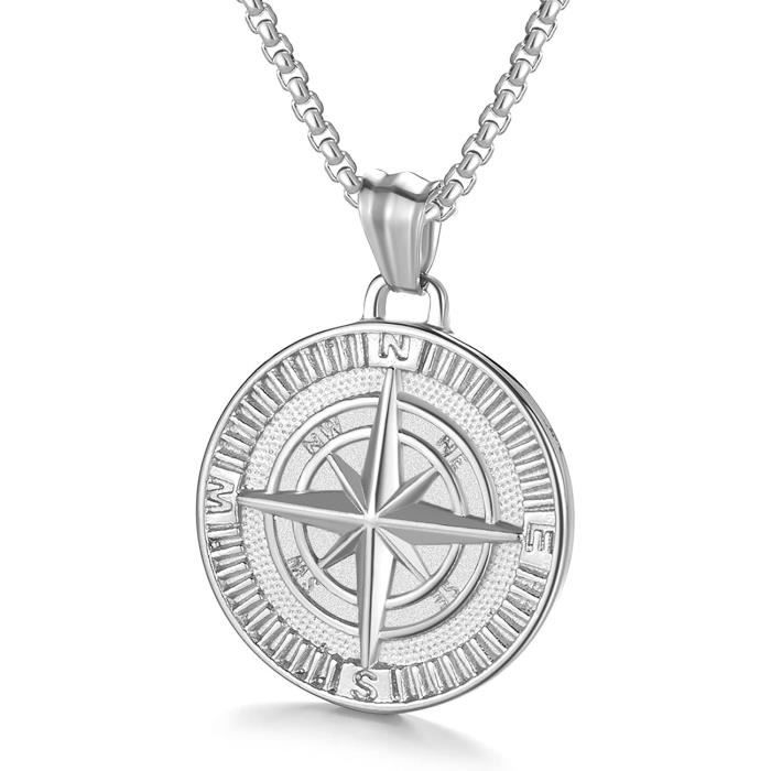 Collier Homme Acier Pendentif Boussole + Chaîne 60 Cm – Bijoux Des Lys, Neuf