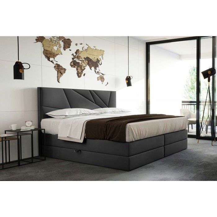 Lit adulte 200x200 cm VERDELUX - avec rangement matelas ressorts ensachés et surmatelas - tissu velours - gris foncé Lit adulte 200x200 cm VERDELUX - avec rangement matelas ressorts ensachés et surmatelas - tissu velours - gris foncé