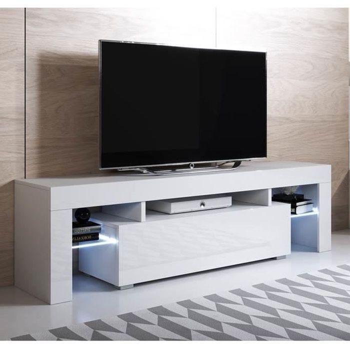 Meuble TV de salon avec LED Blanc brillant 2 Tiroirs 160 x 30 x 38 5cm Modèle Unai Meuble TV de salon avec LED Blanc brillant 2 Tiroirs 160 x 30 x 38 5cm Modèle Unai
