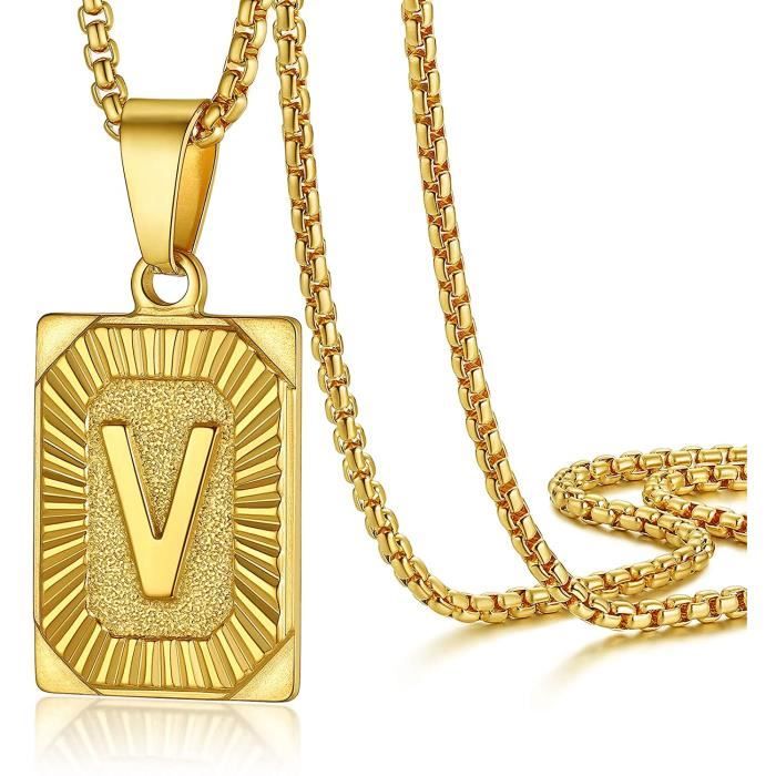 Collier Lettre Acier-Plaqué Or pour Homme Pendentif Plaque avec