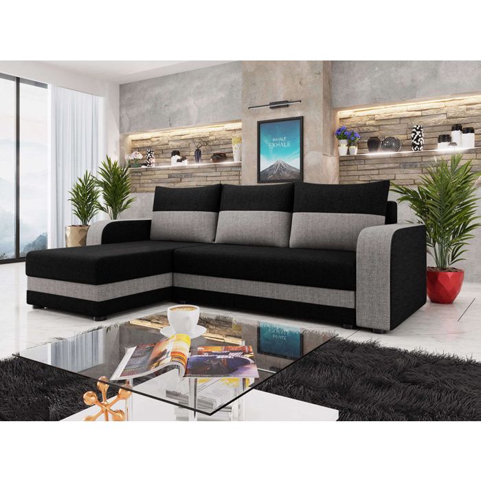 Harvey - Canapé dangle réversible 4 places convertible avec coffre en tissu bicolore - Noir / Gris