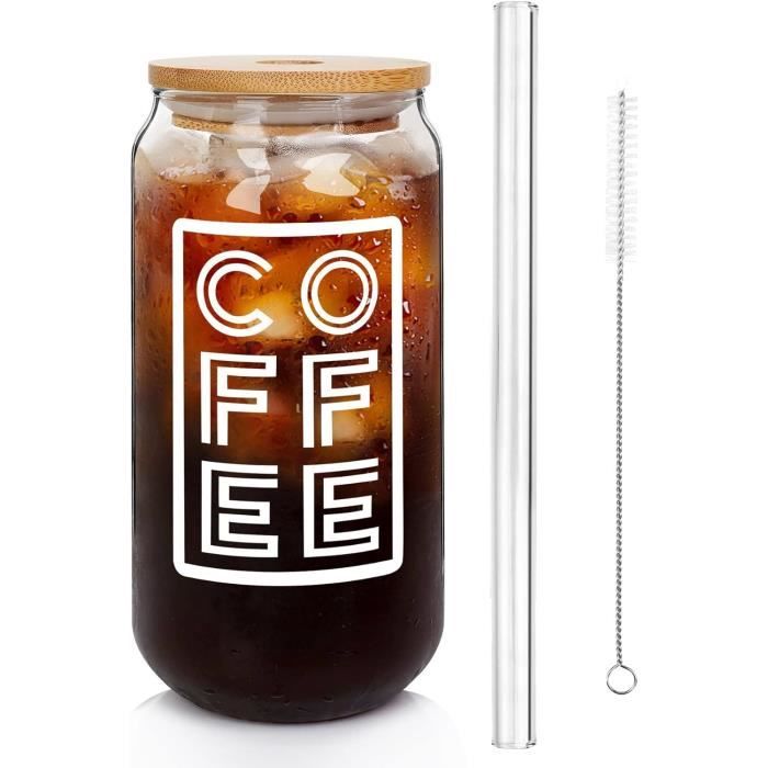 Lot De 4 Tasses à Café Glacé En Verre Avec Couvercles Bambou Et Pailles Verre – 473 Ml – Réutilisables Et Sans BPA
