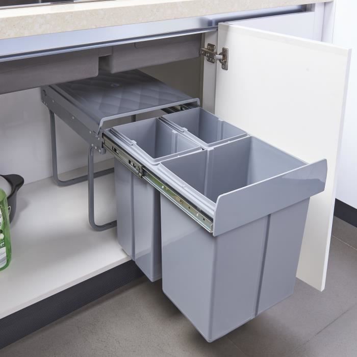 Poubelle encastrable Froland 2 x 10 + 1 x 20 litres 48 x 34 x 42 cm gris