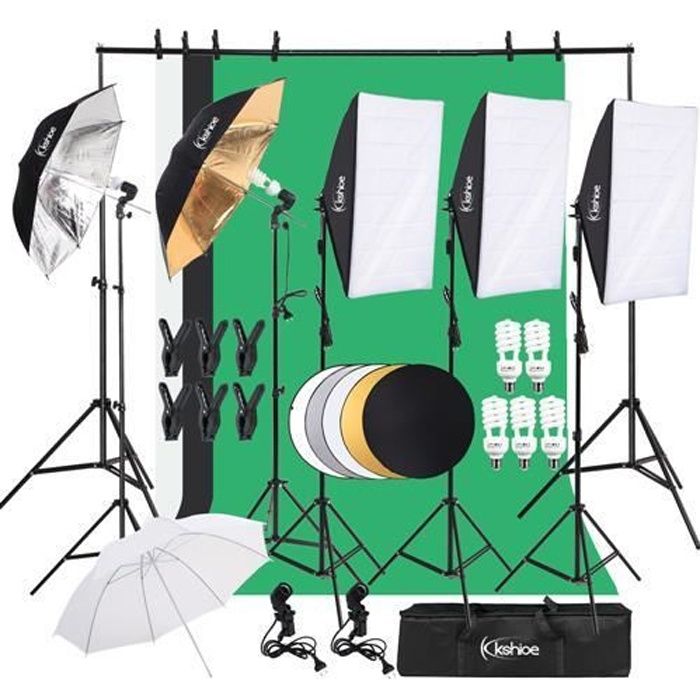 45W Kit d'éclairage photo Kit de support en arrière-plan Photo Studio Softbox Set Parapluie Lampe