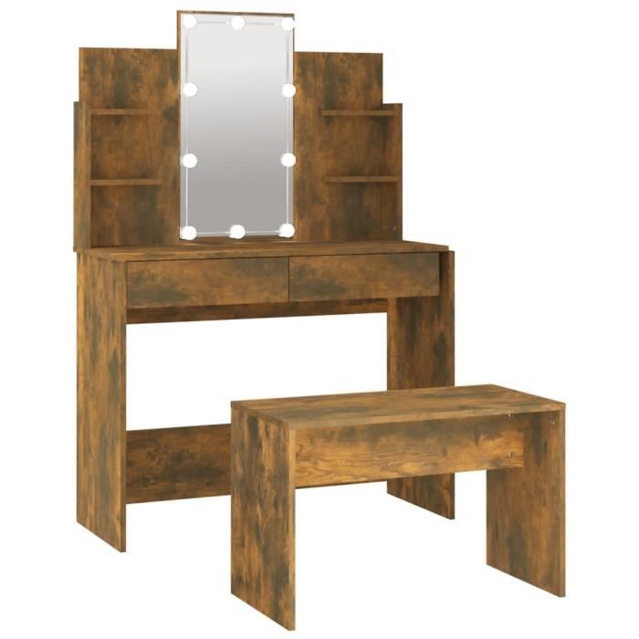 Coiffeuse Avec Miroir Lumineux LED – Noir Et Bois D'ingénierie – Neuve