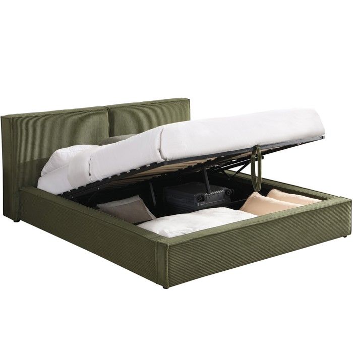 Lit coffre adulte 140x190 cm avec sommier et tête de lit matelassée en velours côtelé vert - Arno Lit coffre adulte 140x190 cm avec sommier et tête de lit matelassée en velours côtelé vert - Arno