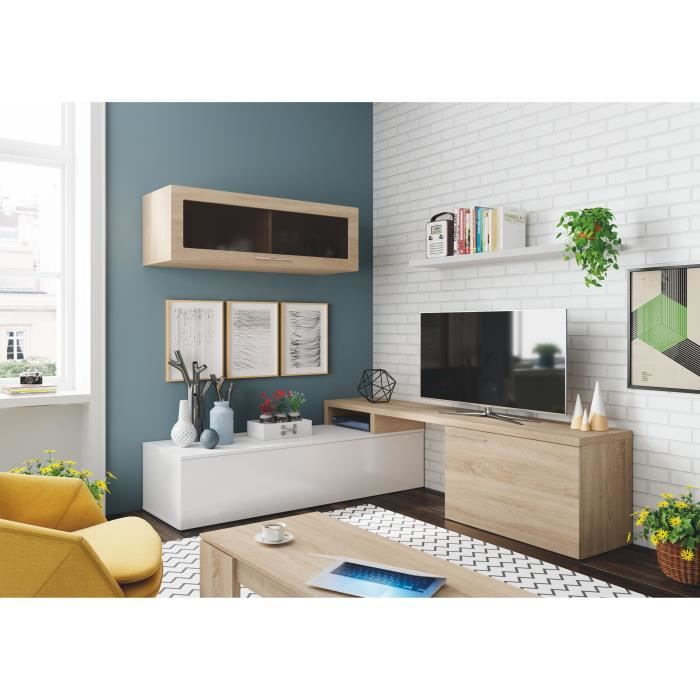 Meuble TV d'angle ou droit en bois et blanc - MEUBLES LINE - NEXIA -  200x105x95cm - Porte(s) et tiroir(s)
