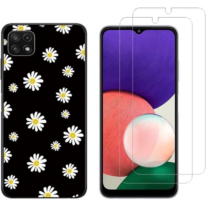 WuGlrz Coque pour Samsung Galaxy A22 5G avec 2 Pièces Verre Trempé Protection écran,Luxe PU Cuir Portefeuille Housse avec Magnétique Flip Protection Case-Noir Non pour Galaxy A22 4G