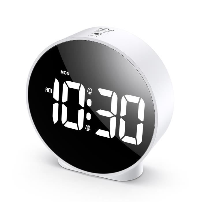 Réveil Numérique, Alarm Réveil LED, Snooze, Luminosité réglable, Mode alarme jour de travail (Blanc)