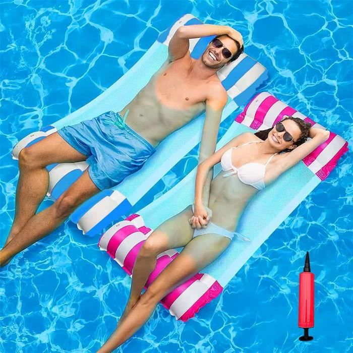 2 Hamacs Flottants Pour Piscine - Gonflable 4 En 1 à Rayures - Pour Adultes Et Enfants