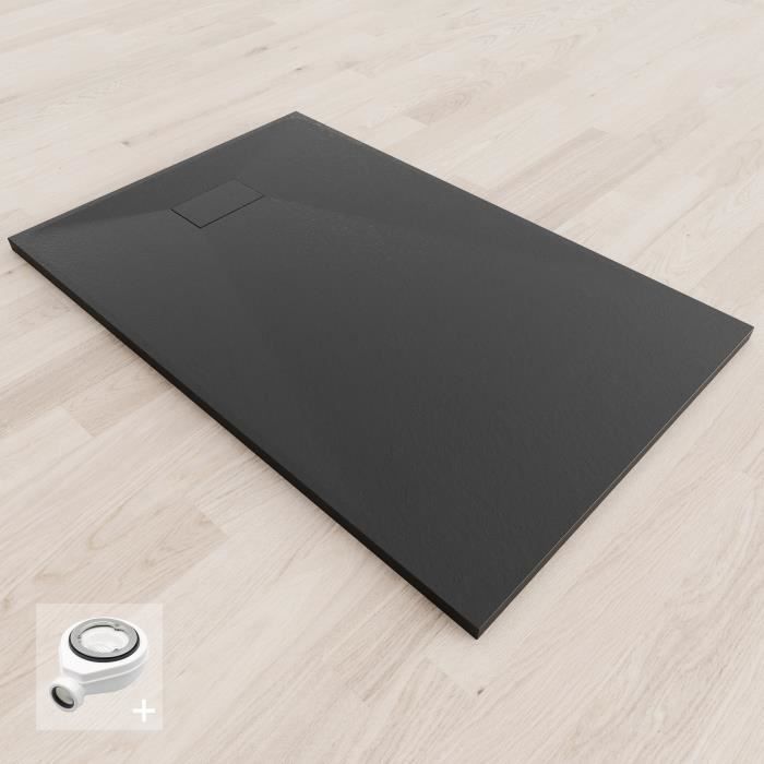 BAYA Receveur de douche extra-plat aspect pierre Noir 80 x 140 cm + bonde