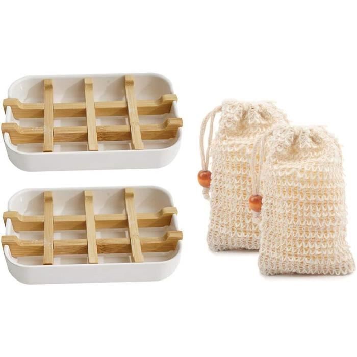 2 Porte-Savons En Plastique Avec Couvercle + 2 Sacs Sisal - Hygiénique, Voyage, Massage - 12x8.5cm