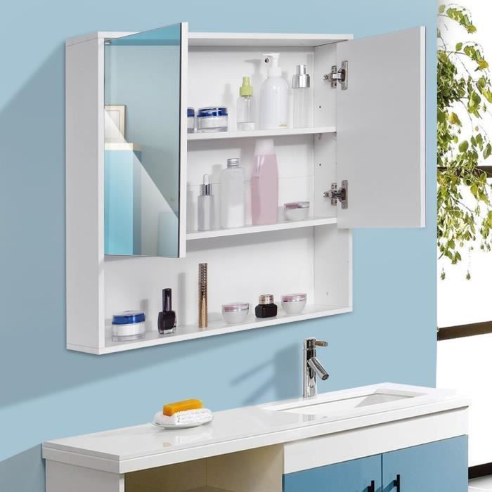 Insma Armoire De Toilette Mural 2 Portes Fermeture Avec Mirroir 3 Etageres Cabinet Rangement Meuble Salle De Bain Cdiscount Maison