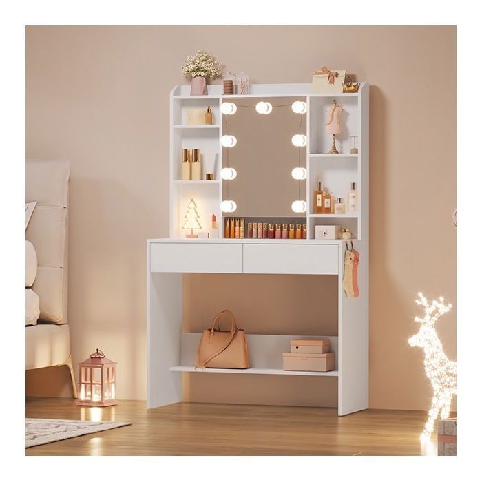 VASAGLE Coiffeuse avec miroir 9 LED 3 Tonalités Luminosité Réglable Étagères Réglables 2 Tiroirs - Blanc Nuage