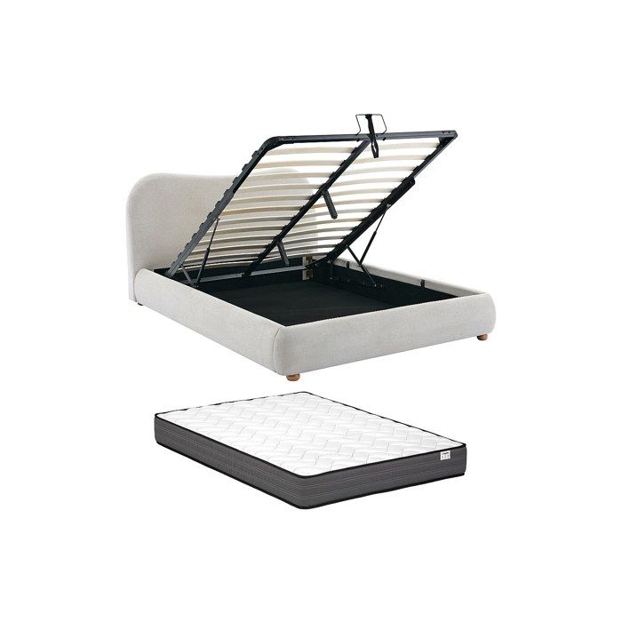 Lit coffre 120 x 190 cm - Tissu - Beige + Matelas - VANARI