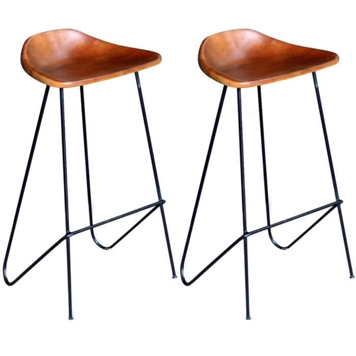 chaise de bar en cuir véritable marron - vidaxl - lot de 2 - industriel - loft - 42 x 45 x 86 cm
