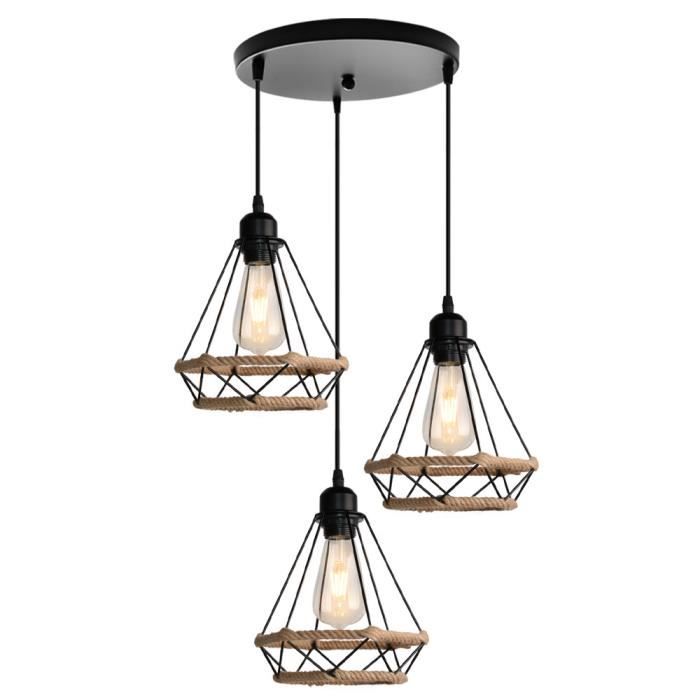 Suspension industrielle UNI - WOTTES - Cage diamant 3 lumières - Noir - Corde de chanvre