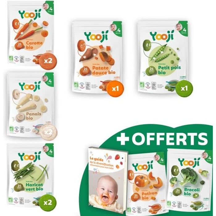 Yooji- Repas bio alimentation bébé 4 mois – Panier 1 mois de purées légumes  Bio (livre diversification + 2 sachets offerts) - Achat / Vente légumes  cuisinés Yooji- Repas bio alimentation bébé