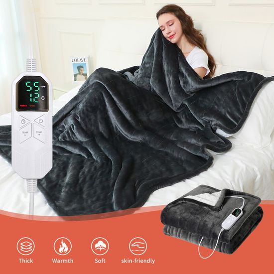 Couverture Chauffante électrique 130x180 Cm - Flanelle Double Face - 8 Niveaux De Température - Minuterie 12h - Protection Surchauffe - Lavable - Gris - 11