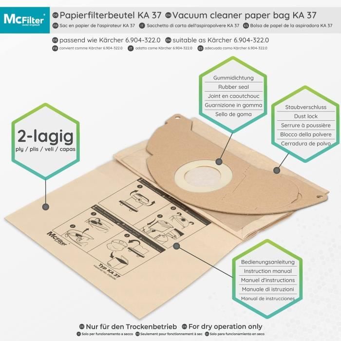 Lot De 20 Sacs D Aspirateur 2 Filtres Pour Aspirateur K rcher A2003 A2004 A2014 Carvac A2024 Pt A2054 Me A2064 Pt A27 U230