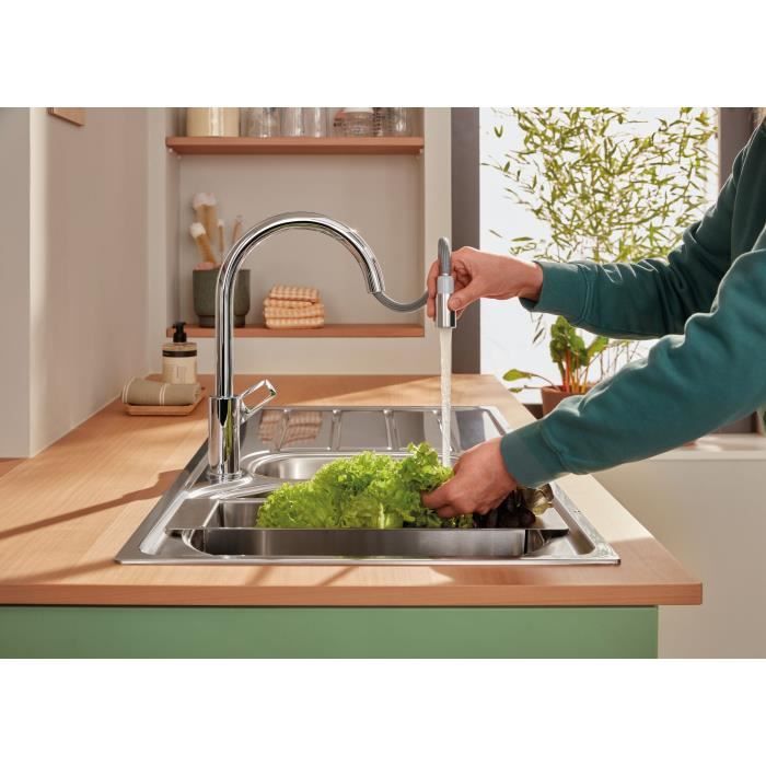 Robinet mitigeur d'évier de cuisine haut à bec rotatif finition inox  limiteur de débit éco