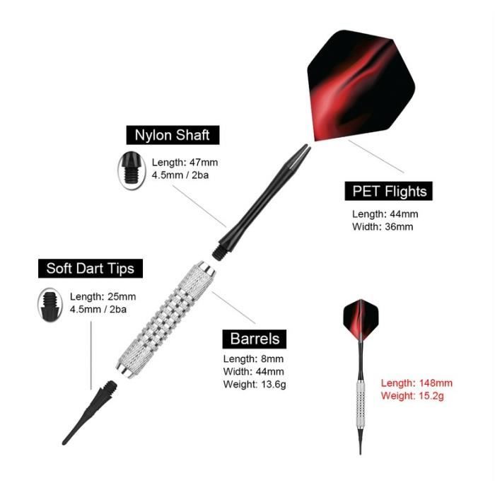 Lot 12 Fléchettes Pointe Souple 18g + 120 Pointes Plastique, 16 Ailettes & Tiges Alliage – Idéal Débutants & Loisirs