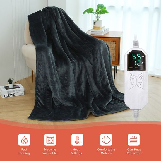 Couverture Chauffante, 180 X 130 Cm, Plaid Chauffant Avec 10 Niveaux De Chauffage Minuterie 10 Heures Lavable En Machine Protection Contre La Surchauffe Flanelle Et Velours De Coton Gris 90238711