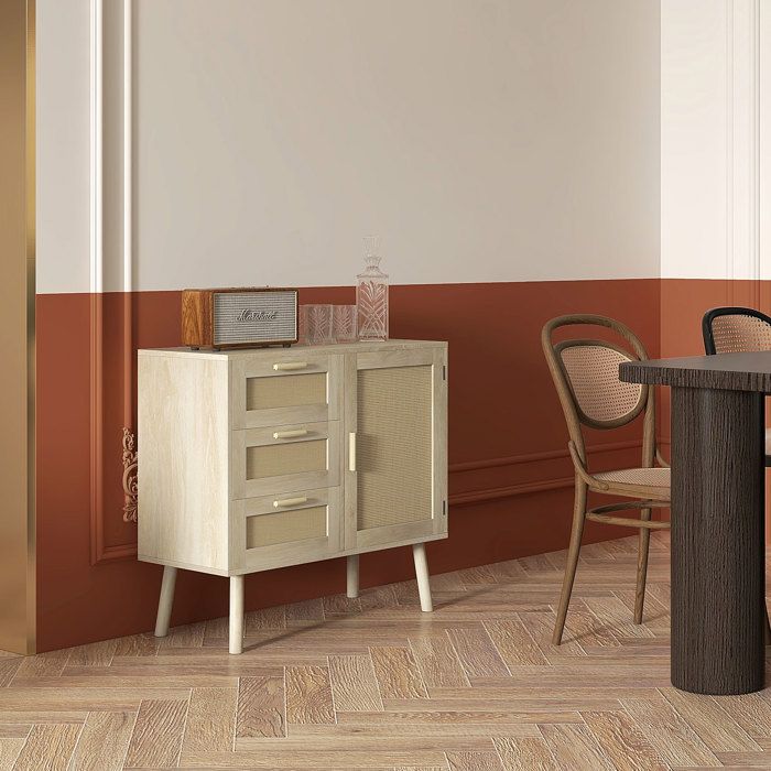 Buffet Bohème HOMCOM 80x38x79cm - Double Portes En Rotin, Rangement Modulable Noir