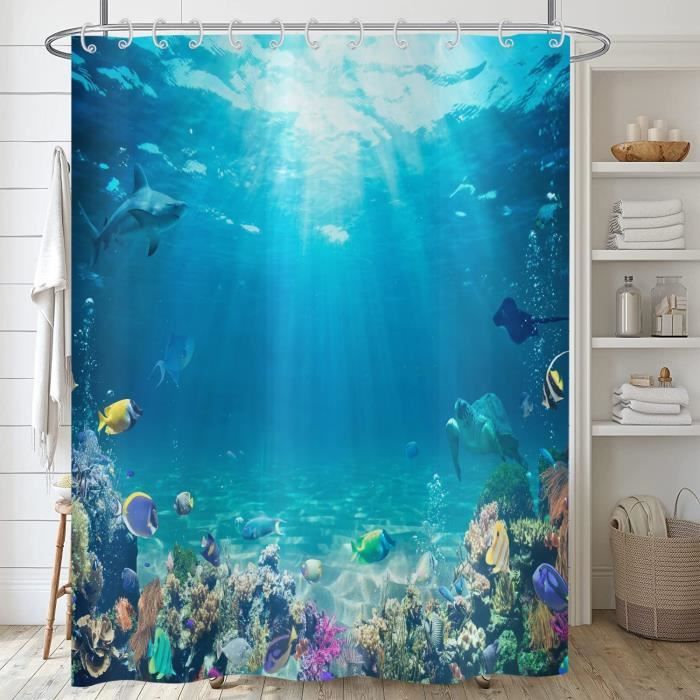 Rideau De Douche Vague Océan Bleu Et Blanc – Taille 60x72 Pouces, Polyester Imperméable, 12 Crochets Inclus