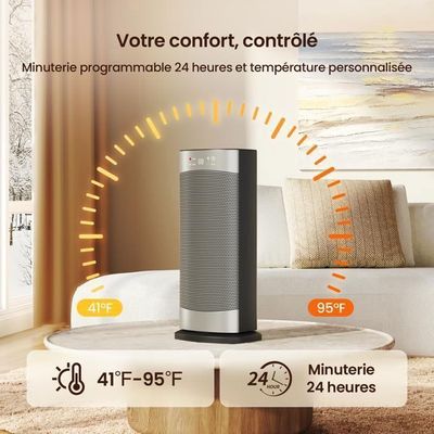 Chauffage D'appoint 1500W Céramique PTC - 3 Modes, Protection Basculement/surchauffe, Silencieux