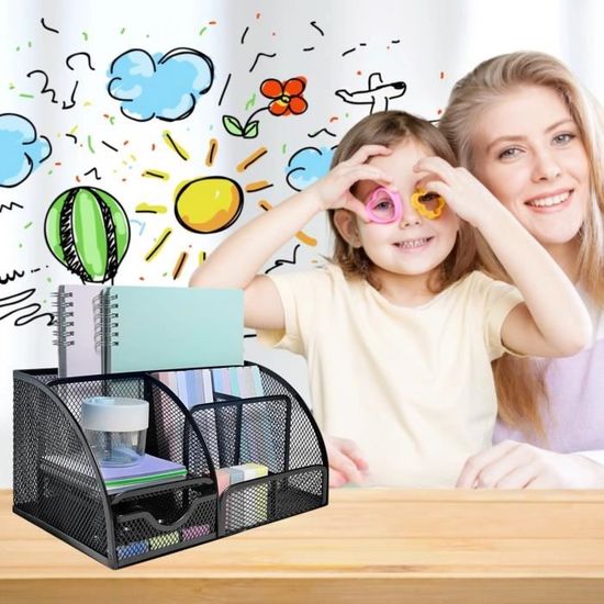 RICOO Organisateur De Bureau En Maille Métallique Avec Tiroir - Noir - 22 X 14 X 13 Cm - Pour Stylos, Fournitures, Rangement