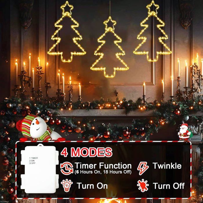 Lumière De Noël Pour Fenêtre Avec Minuteur - Décoration Intérieure Sapin, étoiles, Flocons (lot De 3)