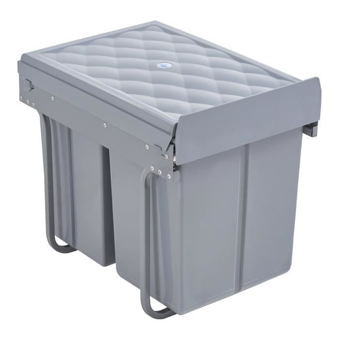 Poubelle De Cuisine Encastrable Sous évier - 2x10L + 1x20L - Rails Télescopiques - En Acier Et Plastique Gris
