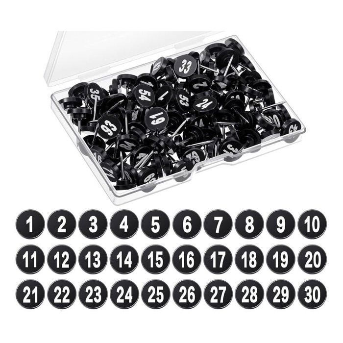 100 Punaises Numérotées 1 à 100 Savita - Plastique Noir Avec Numéro Blanc Pour Affichage