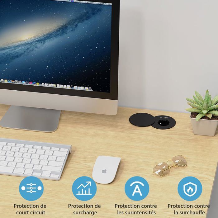 Ohuo Prise Encastrable Rétractable Bureau Avec USB C (20W) Et USB A – Noir – Diamètre 80mm – Câble 2m