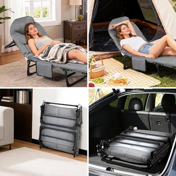Lit De Camping Pliable 190x68x40 Cm – Toile Oxford 2400D, Poche Latérale, Charge 160 Kg, Sac Transport Inclus – Gris