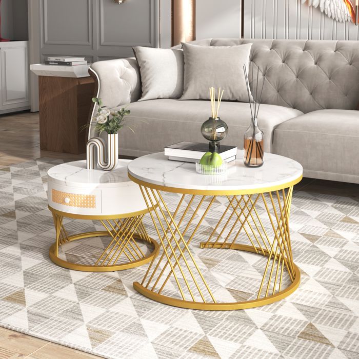 Lot de 2 tables basses gigognes rondes 70 x 70 x 45,5 cm - cadre en