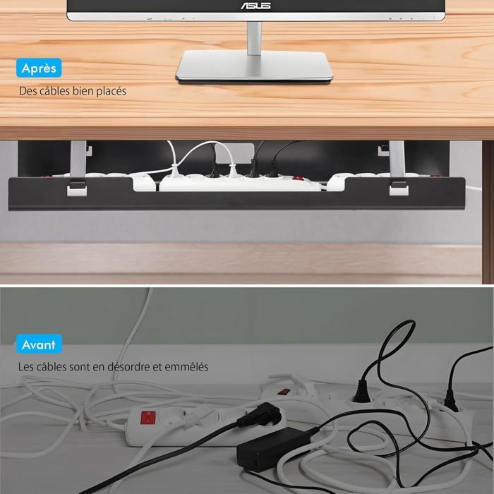 Lot 2 Plateaux Gestion Câbles Sous Bureau VIVO – 42 Cm – Organiseur Multiprise & Cordons – Noir – Fixation Facile