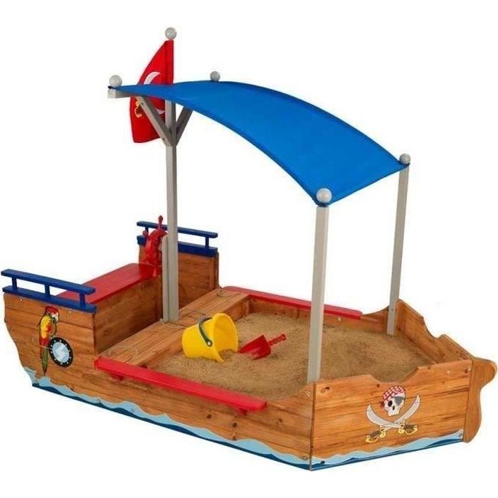 Bac à sable en bois Bateau de pirate KIDKRAFT - Avec auvent, rangements et drapeau de pirate
