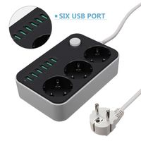 Multiprise - Chargeur Bureau - 3 Prises - 6 Ports USB - Noir