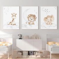 3 Posters Girafe Lion Elephant Nuage Lune Etoiles Affiches Decoration Chambre Enfants Fille Garcon Murales,sans Cadre 50x70cm