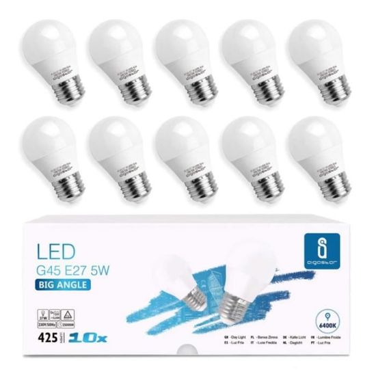 Aigostar Lot de 10 ampoules LED G45 E27 (grosse vis), 5W. Lumière