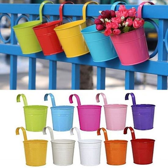 Lot 10 Pots De Fleurs Suspendus Métal Couleurs Avec Crochet - Jardin Balcon Terrasse