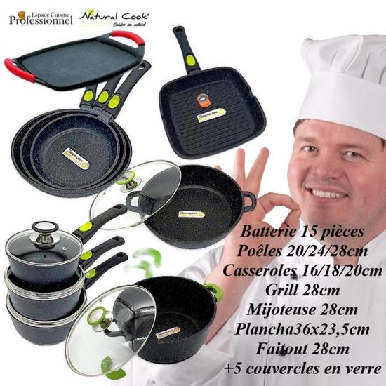 Cflagrant® Batterie de Cuisine Façon Pierre 15 PCS 3 Poêles 20/24/28 et 3  Faitou